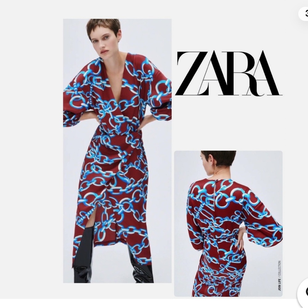 Zara Woman Burgundy Surplice V neckline Nautical Print Midi Dress Slit Hem